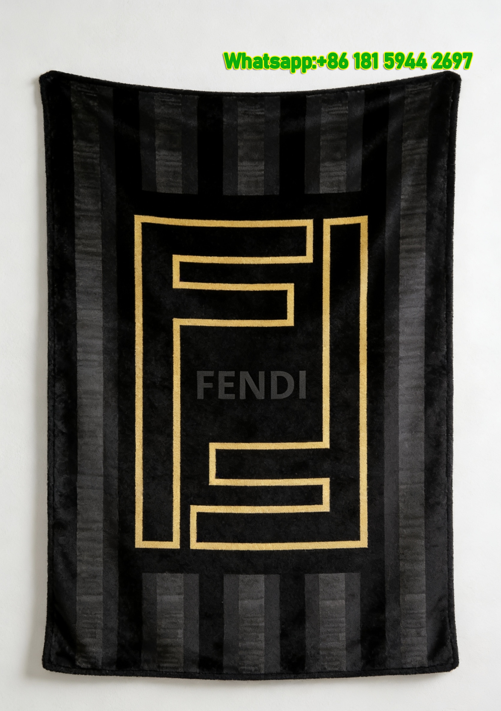 Black & Gold Fendi Logo Flannel Throw Blanket Luxury Striped IMG_9320